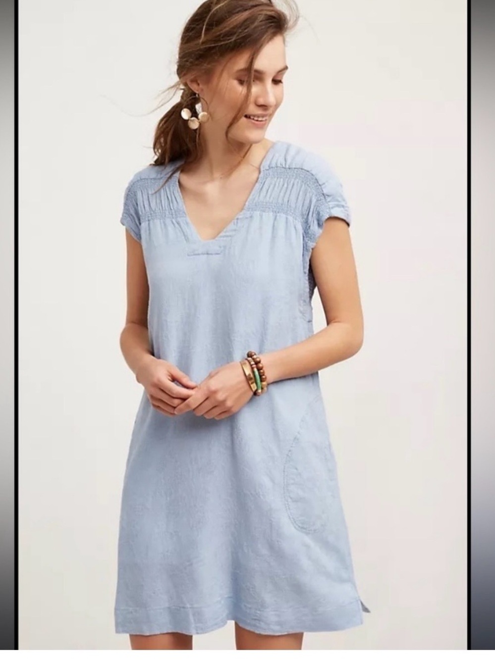 Maeve Light Blue Babydoll Delicate Embroidered V-Neck Cap Sleeve Dress